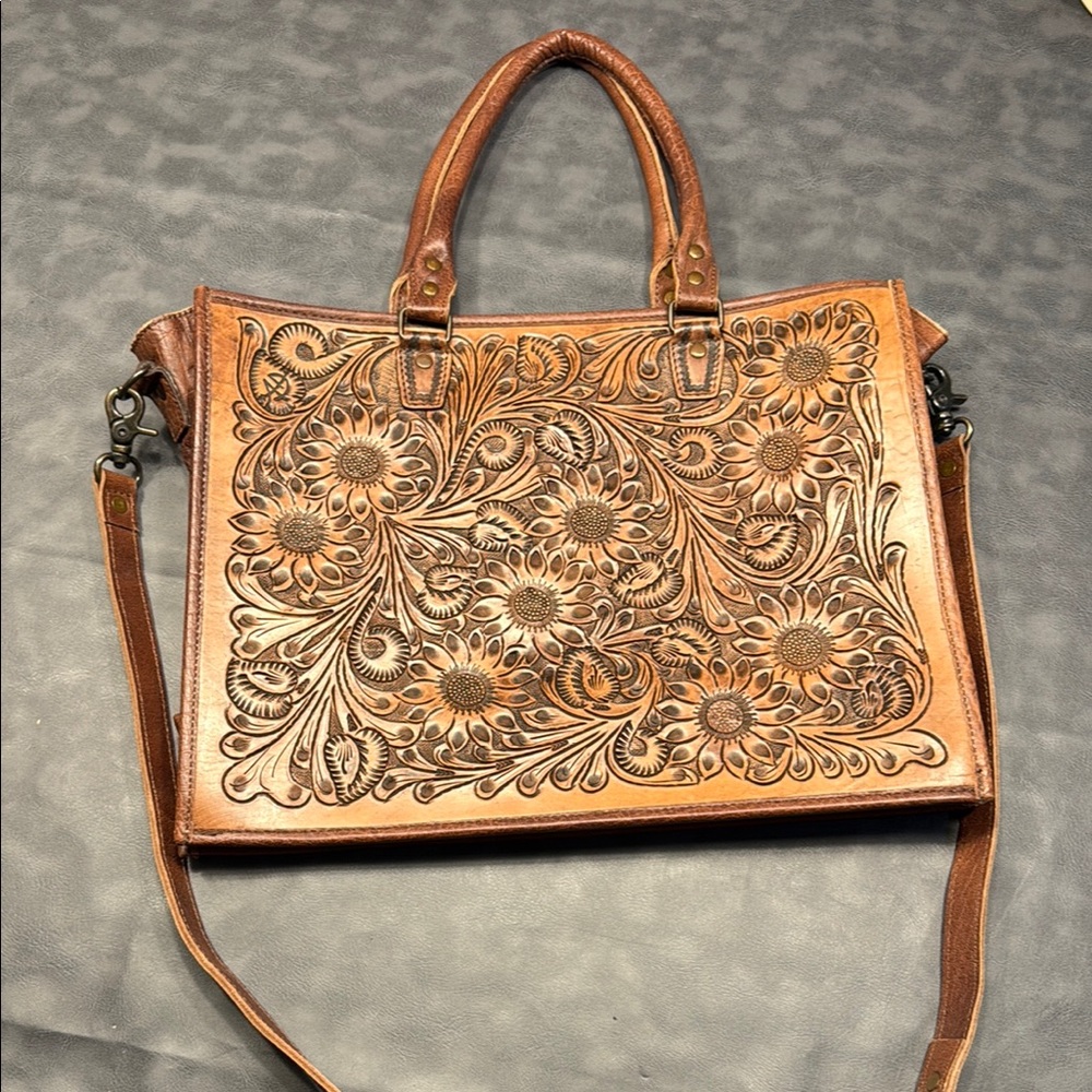 American Darling Tan Floral Embossed Shoulder Bag
